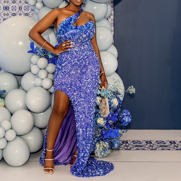 Dresses | Blue Sequin Long Dress Gown | Poshmark